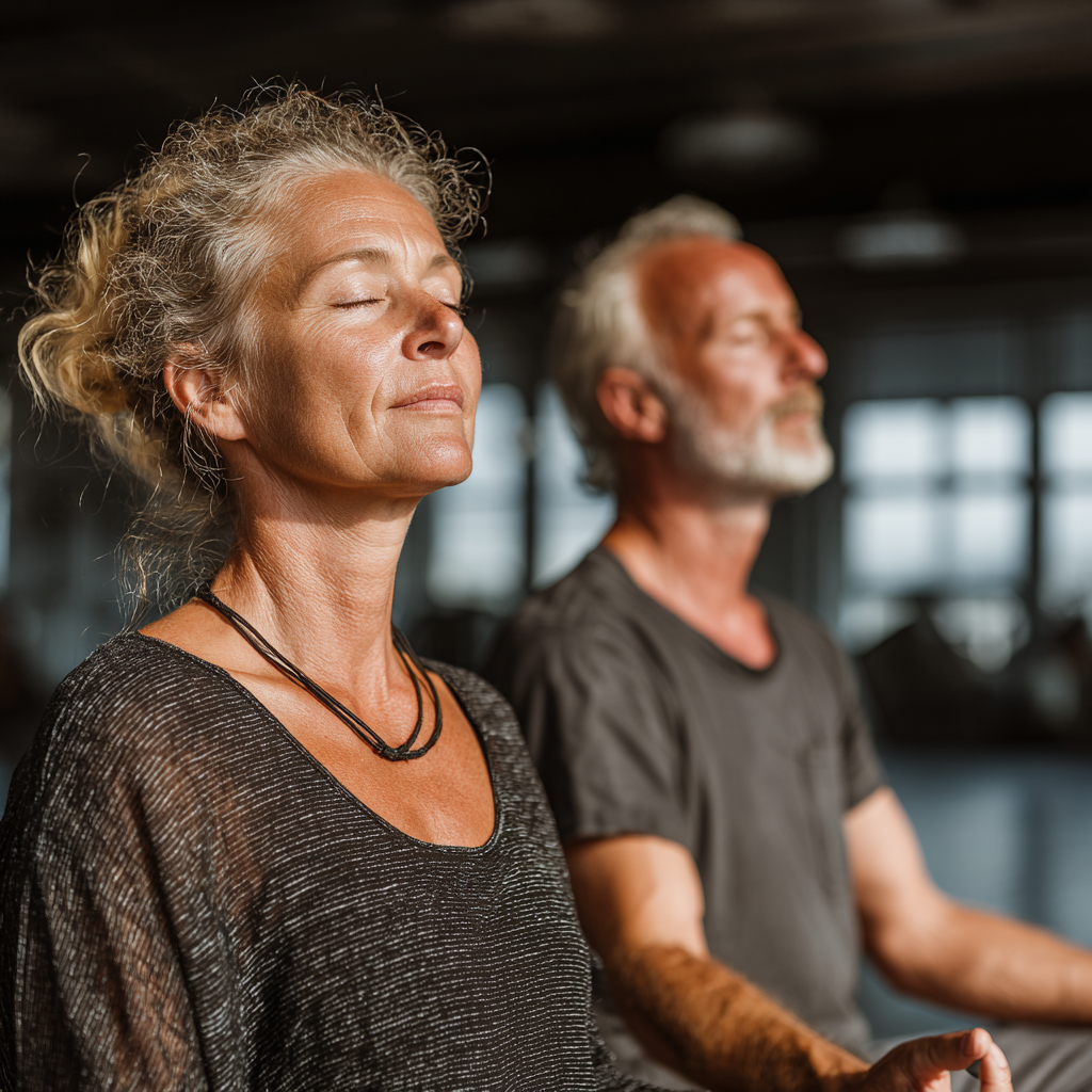 Mature couple in their late forties practicing yoga together in a bright modern studio, both sitting in lotus position with eyes closed in peaceful meditation, representing harmony and shared wellness journey