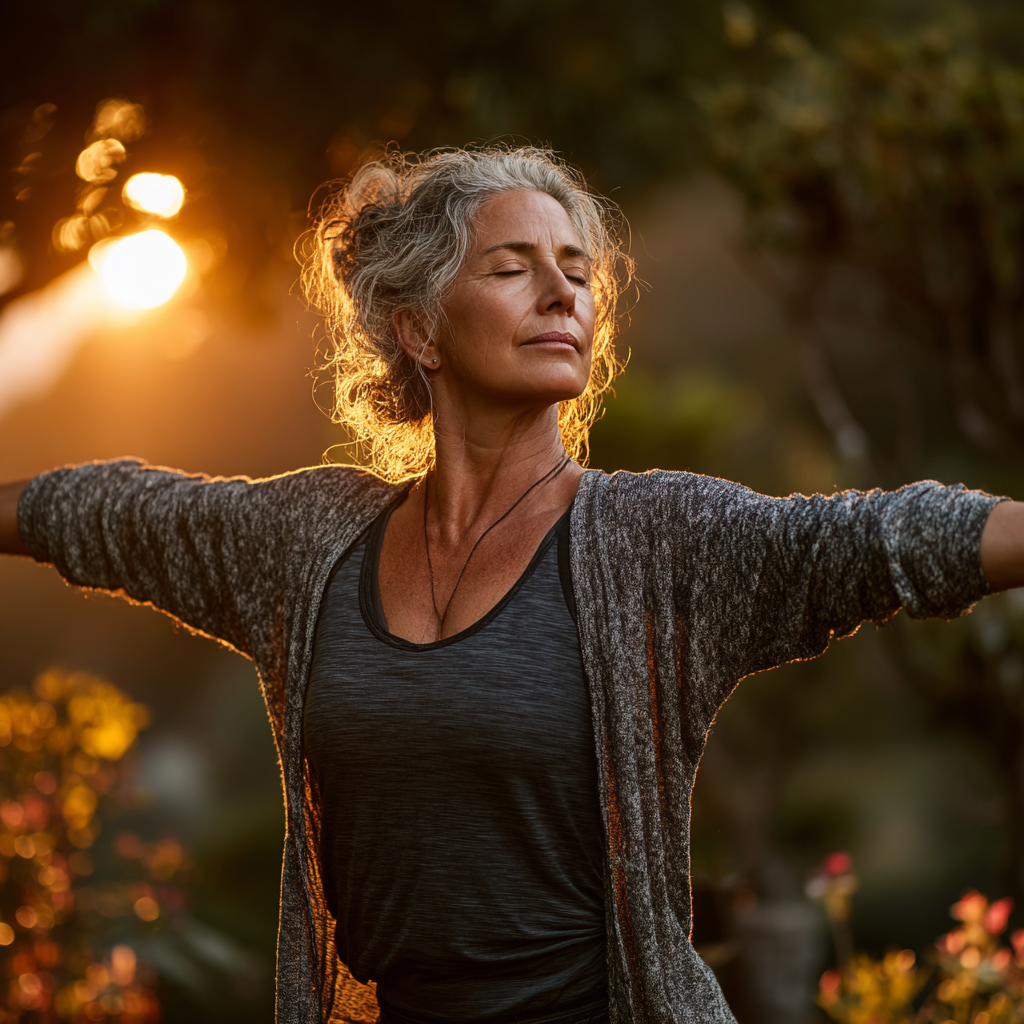 Peaceful mature woman in her forties practicing yoga outdoors in a serene garden setting during golden hour, demonstrating warrior pose with focused concentration and inner calm